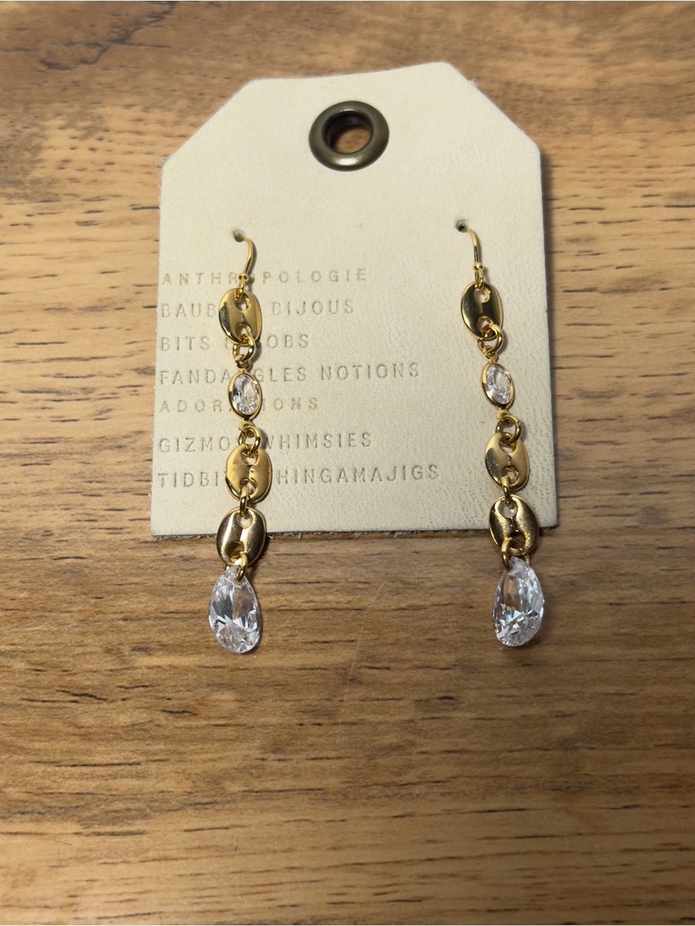 NWT Gold Drop Link Earrings with Clear Teardrop Stones - Anthropologie